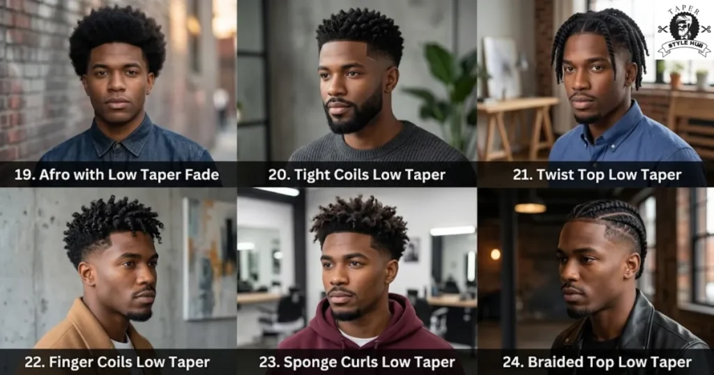 Coily, Afro and Tight Curl Low Taper Fade Curly Hair Men Styles