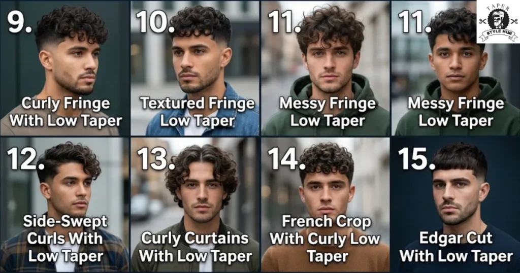Fringe and Front-Focused Curly Low Taper Fade Styles