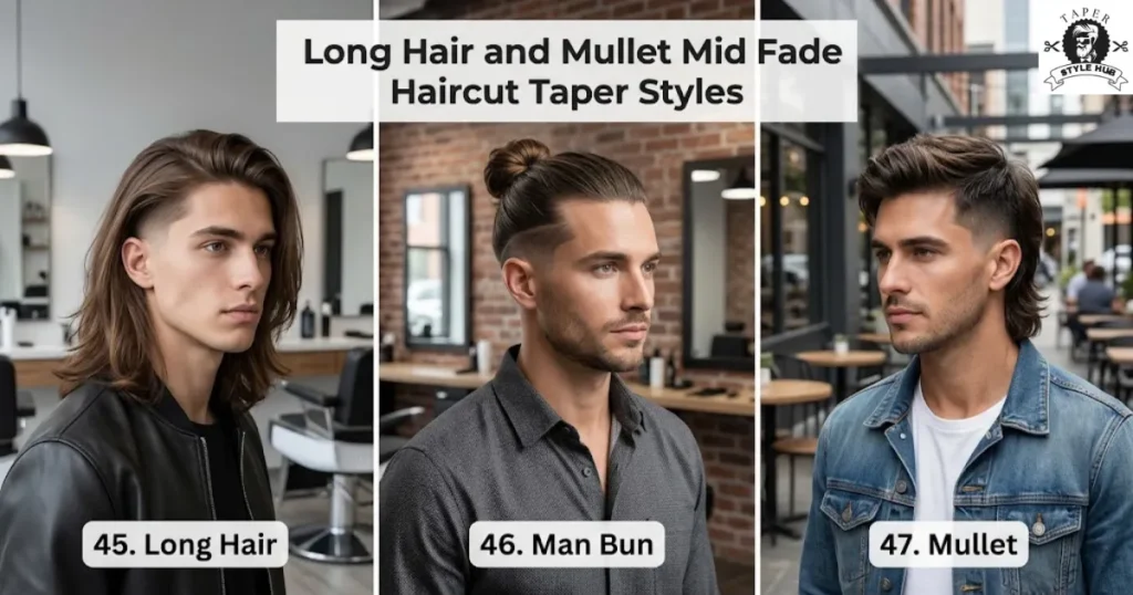Long Hair and Mullet Mid Fade Haircut Taper Styles