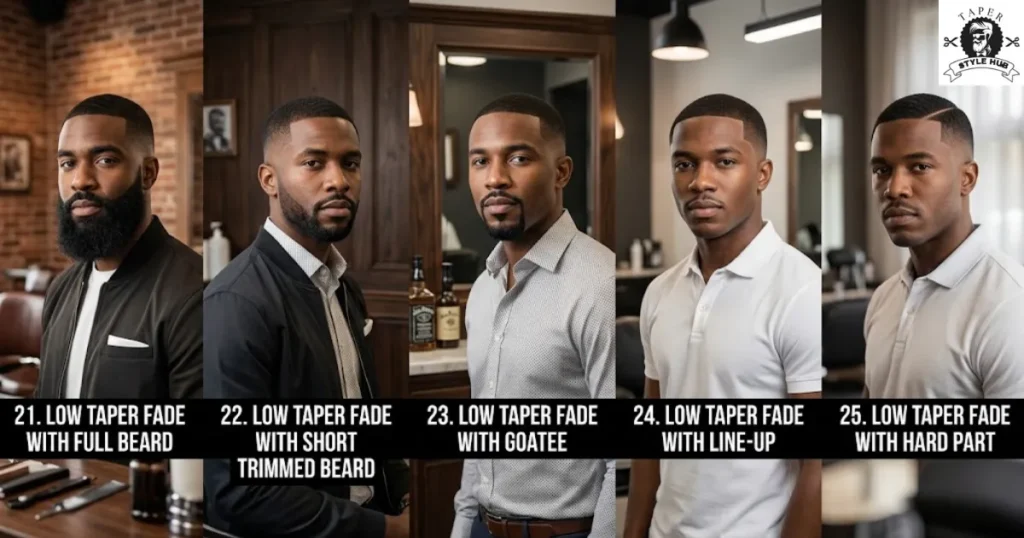 Low Taper Fade Black Men Styles with Beards and Edges