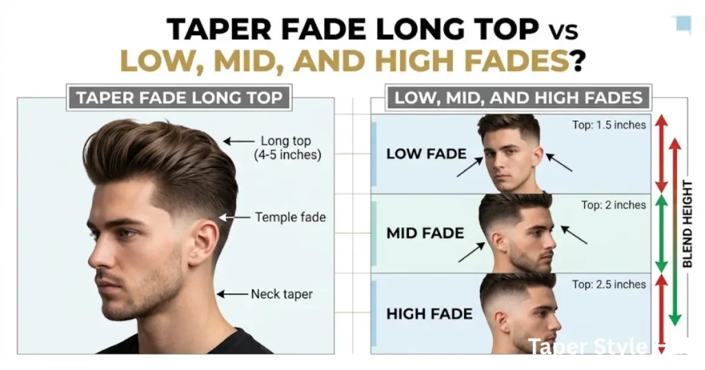 Taper Fade Long Top vs Low, Mid, and High Fades