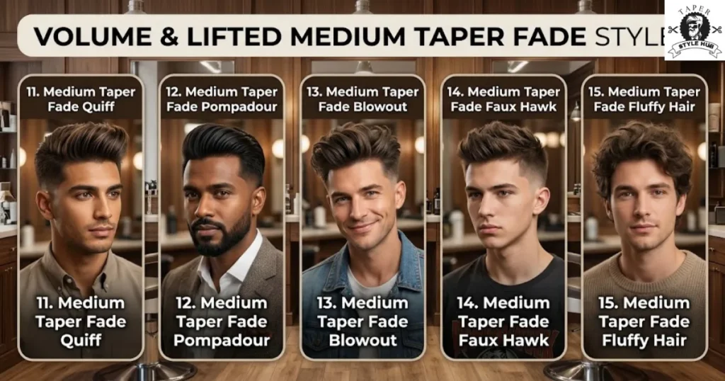 Volume and Lifted Medium Taper Fade Styles